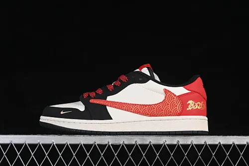 All categories Air Jordan Jordan series basketball shoes Air Jordan 1 Low High-end customized low-top sneakers Travis Scott x Fragment Design x Air Jordan 1 Low OG SP AJ1 Joe 1 Year of the Horse Limited Edition Beige, black and red contrast low-top cultural casual sneakers QW5288-143